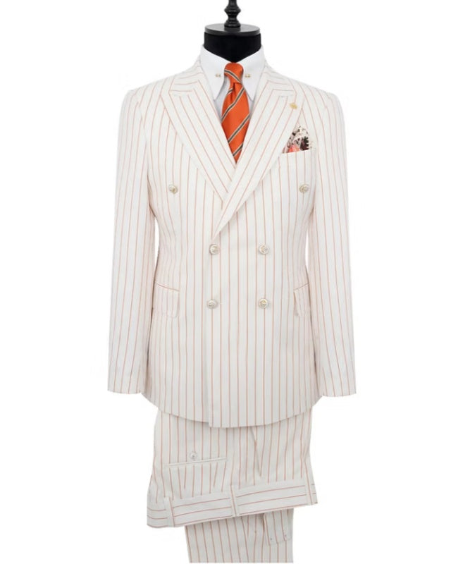 Mild White Double Breasted Golden Pinstriped Business Suit