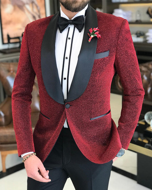 Bling Red One Button Shawl Lapel Wedding Men Suit
