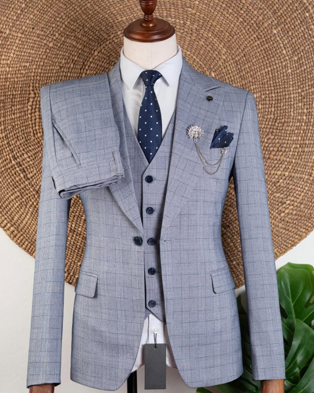Bespoke Dusty Blue Plaid 3 Pieces Business Men Suit