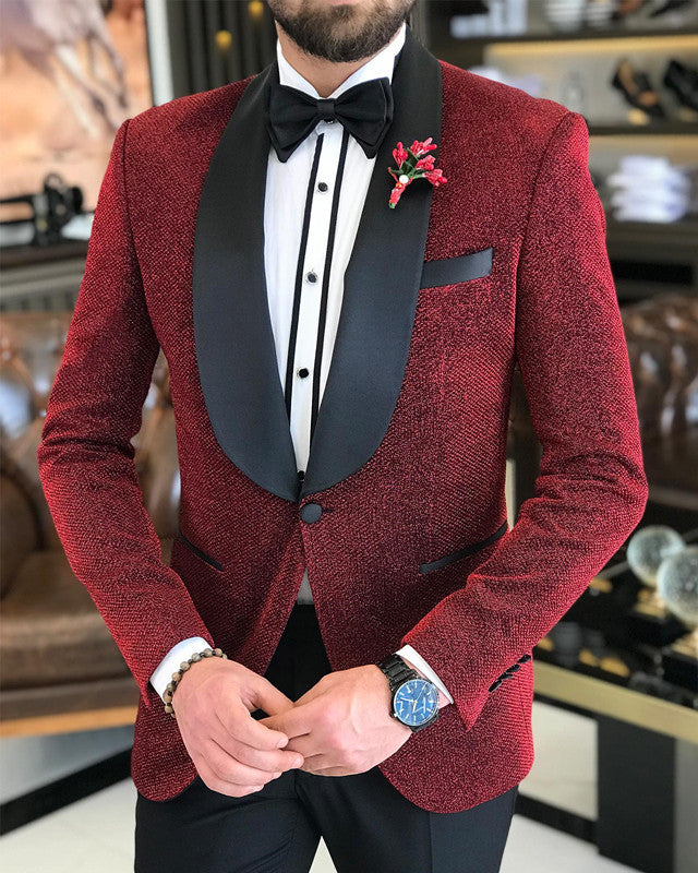 Bling Red One Button Shawl Lapel Wedding Men Suit