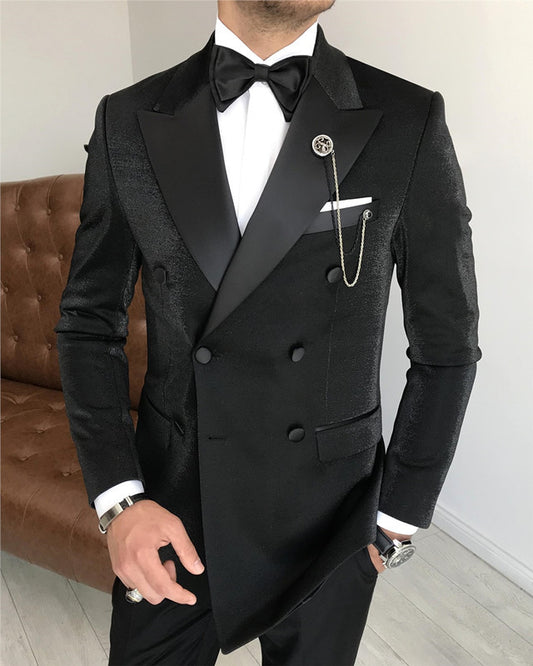 Sparkly Black Double Breasted Peaked Lapel Wedding Men Suit