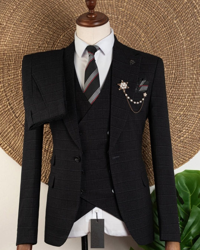 Formal Black Plaid Peaked Lapel 3 Pieces Men's Business Suit
