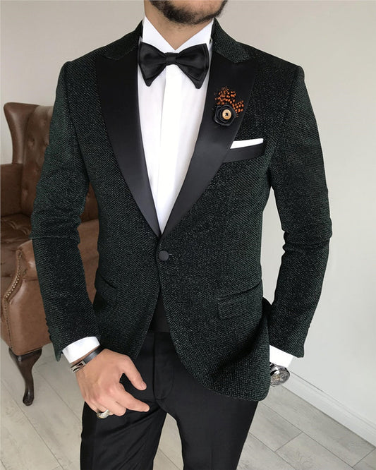Bling Black One Button Peaked Lapel Wedding Men Suit