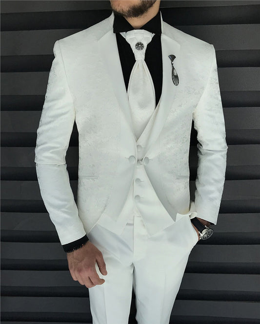 Gorgeous White Jacquard Three Pieces Slim Fit Wedding Men Suit