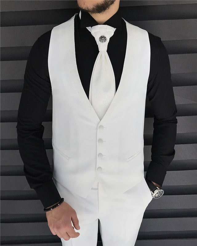 Gorgeous White Jacquard Three Pieces Slim Fit Wedding Men Suit