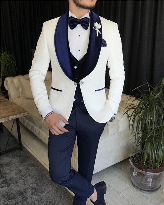 Chic White Jacquard Three Pieces Wedding Men Suit with Blue Velvet Lapel