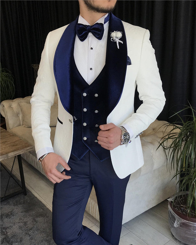 Chic White Jacquard Three Pieces Wedding Men Suit with Blue Velvet Lapel