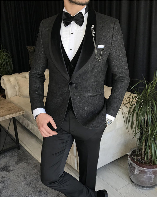 Classic Black Shawl Lapel Three Pieces Slim Fit Wedding Men Suit