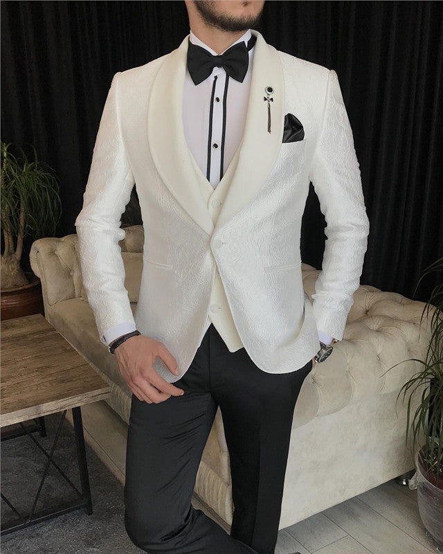 Modern White Jacquard Three Pieces Best Fitted Wedding Men Suit