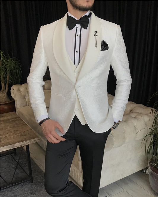 Modern White Jacquard Three Pieces Best Fitted Wedding Men Suit
