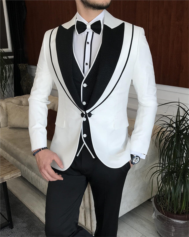Trendy White Three Pieces Wedding Men Suit with Big Shawl Lapel