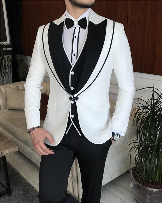 Trendy White Three Pieces Wedding Men Suit with Big Shawl Lapel