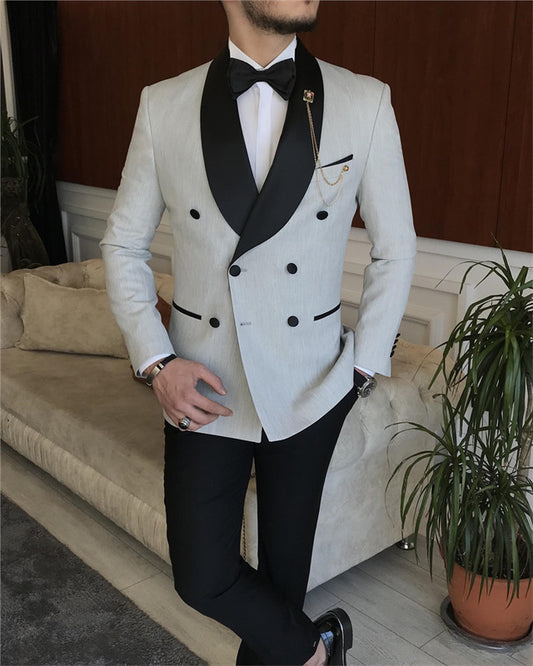 Fashion Light Gray Double Breasted Wedding Men Suit