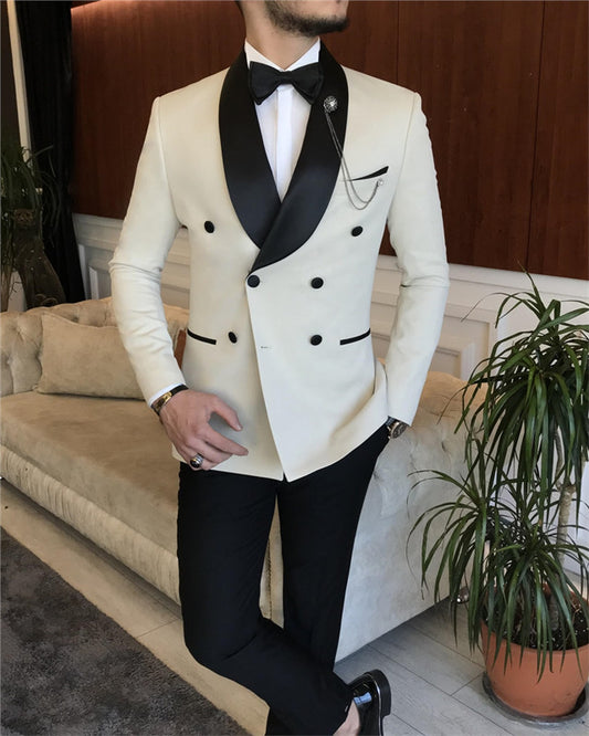 Trendy Off White Double Breasted Wedding Men Suit