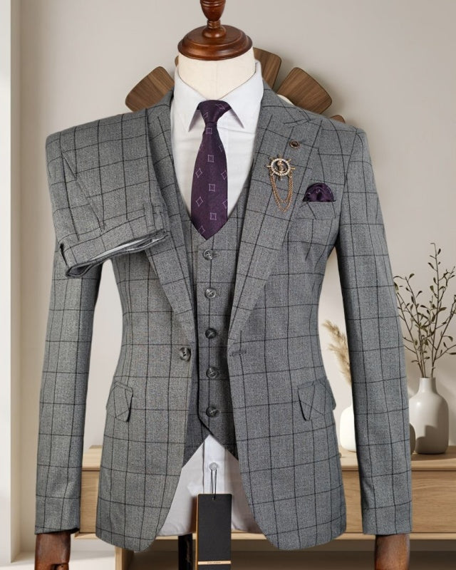 Formal Gray Plaid 3 Pieces Gentle Business Men Suit