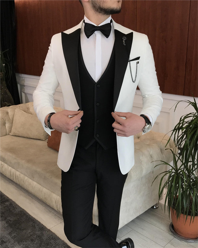 Bespoke White Three Pieces Peaked Lapel Wedding Men Suit With Velvet Vest