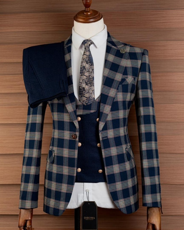 Generous Navy Blue Plaid Three Pieces Peaked Lapel Business Suit