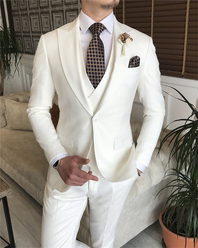 Full White Three Pieces Close Fitting Peaked Lapel Wedding Men Suit