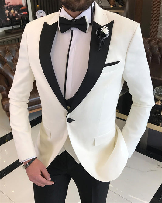 New Arrival White Three Pieces Slim Fit Peaked Lapel Wedding Men Suit