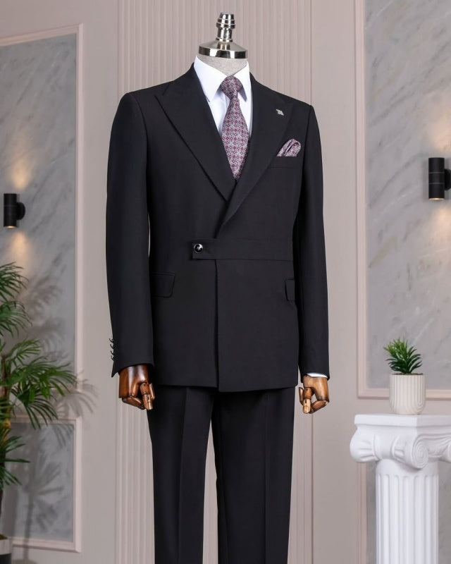 Classic Black Peaked Lapel Trendy Men's Business Suit