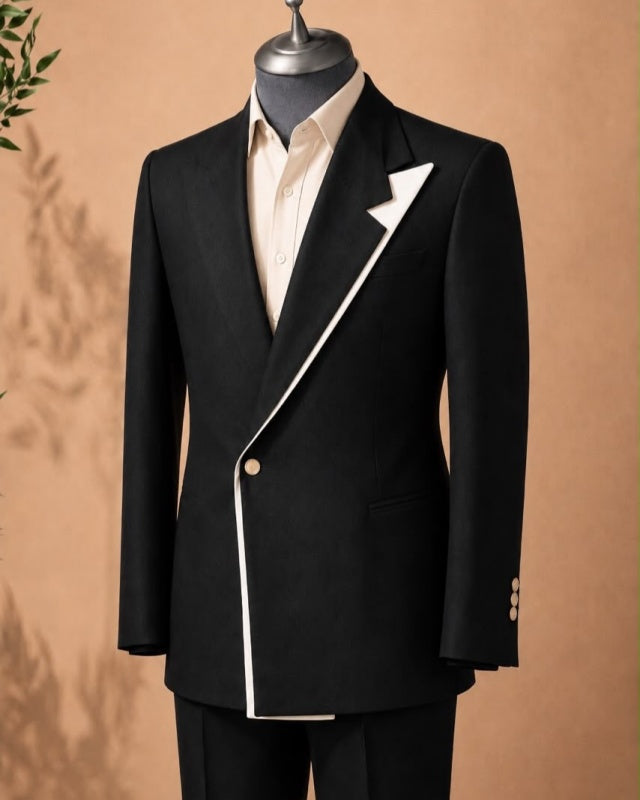 Trendy Black Peaked Lapel Close Fitting Men's Prom Suit