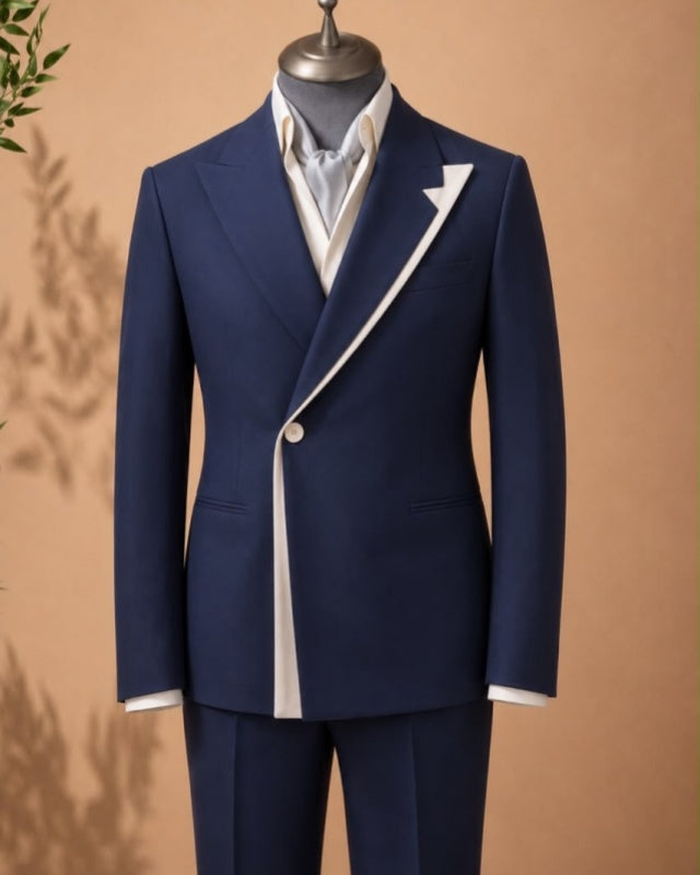 Special Dark Blue Peaked Lapel Close Fitting Men's Prom Suit