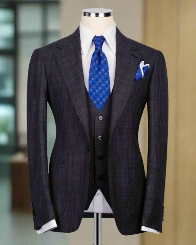 Formal Dark Gray Plaid Three Pieces Notched Lapel Business Suit