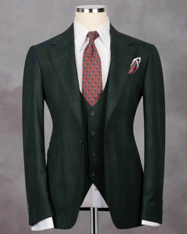 Classic Dark Green Plaid Three Pieces Business Suit For Men