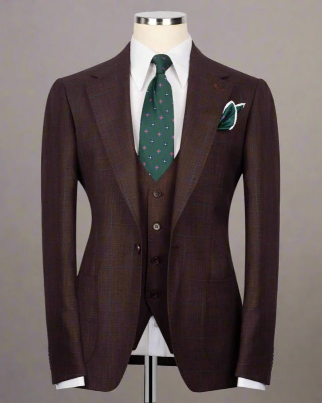 Gentle Brown 3 Pieces Blue Plaid Business Men Suit