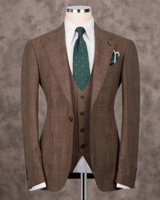 Modern Brown Plaid 3 Pieces Business Suit With Waistcoat
