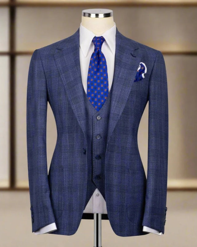 Chic Dusty Blue Plaid 3 Pieces Business Suit With Waistcoat