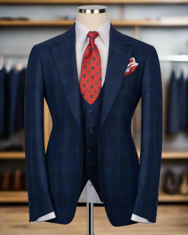 Gentle Navy Blue Plaid Three Pieces Business Suit With Vest