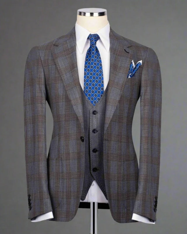 Chic Gray 3 Pieces Plaid Notched Lapel Business Men Suit