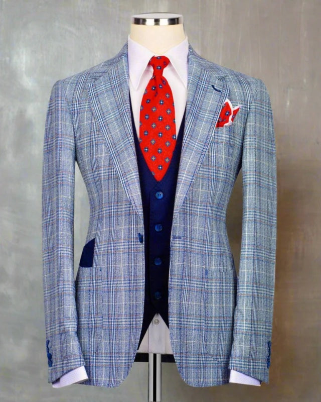 Stylish 3 Piece Light Blue Plaid Business Suit With Dark Blue Vest