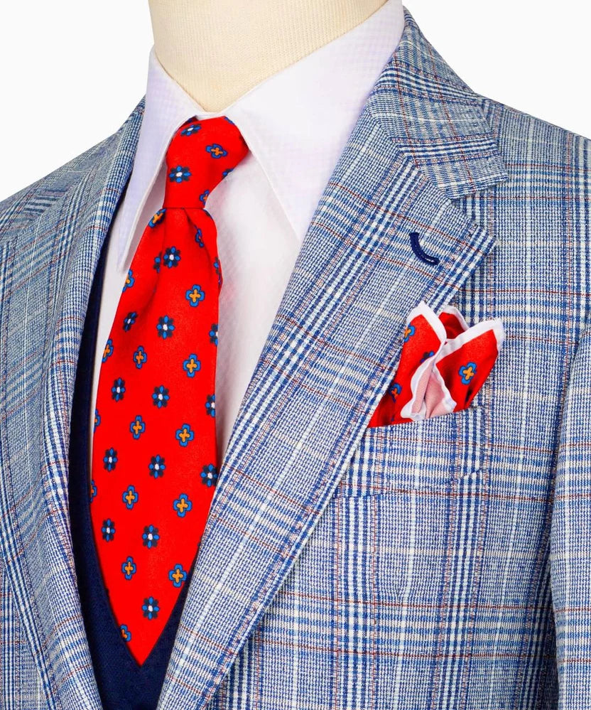 Stylish 3 Piece Light Blue Plaid Business Suit With Dark Blue Vest