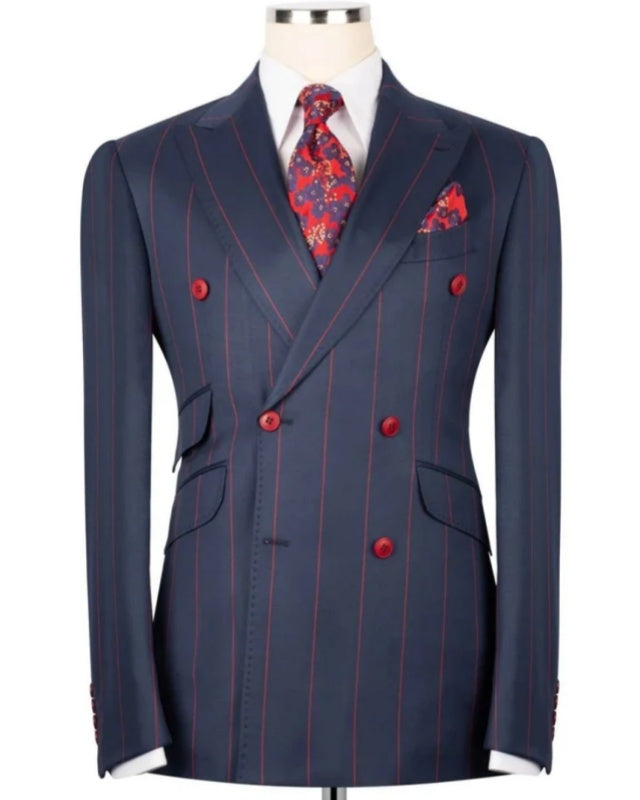 Formal Navy Blue Double Breasted Striped Bespoke Men Suits