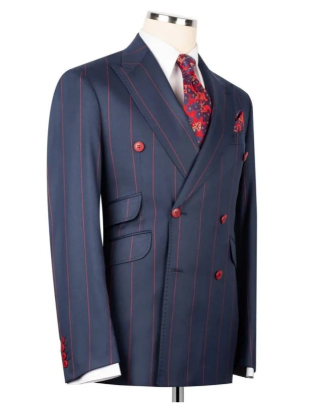Formal Navy Blue Double Breasted Striped Bespoke Men Suits