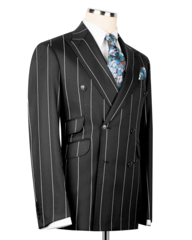 Generous Black Double Breasted Striped Business Men Suits