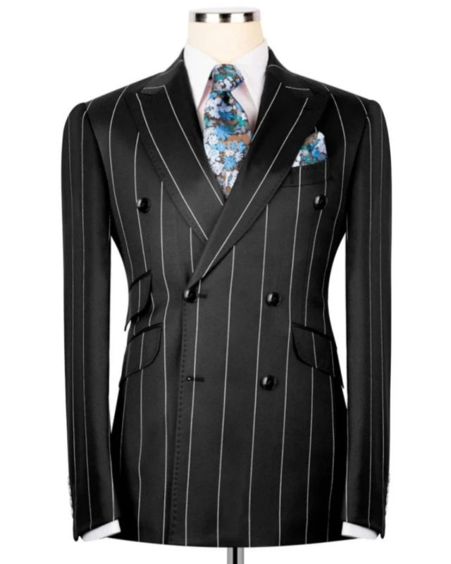 Generous Black Double Breasted Striped Business Men Suits