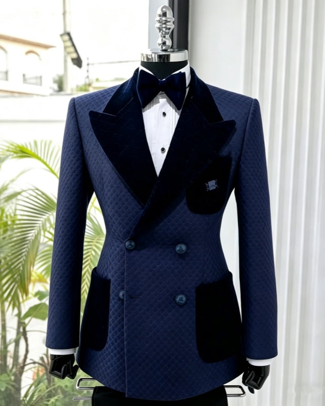 Stylish Navy Blue Jacquard Double Breasted Prom Men Suit