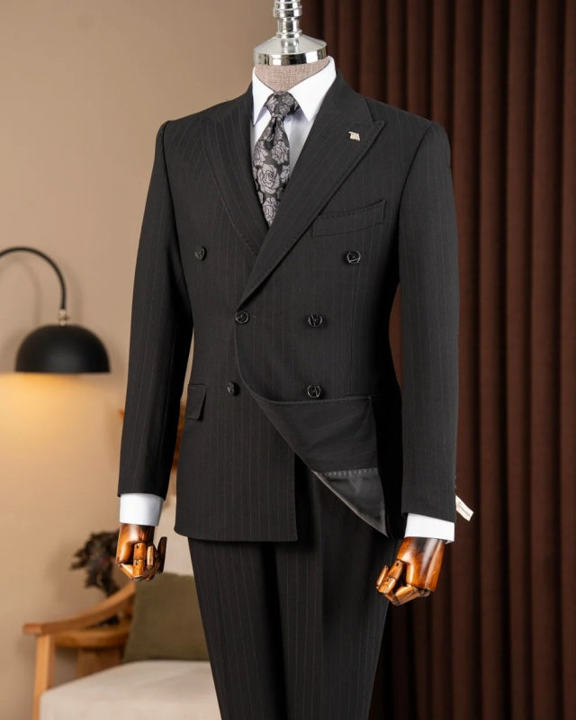 Close Fitting Black Peak Lapel Double Breasted Striped Business Men Suits
