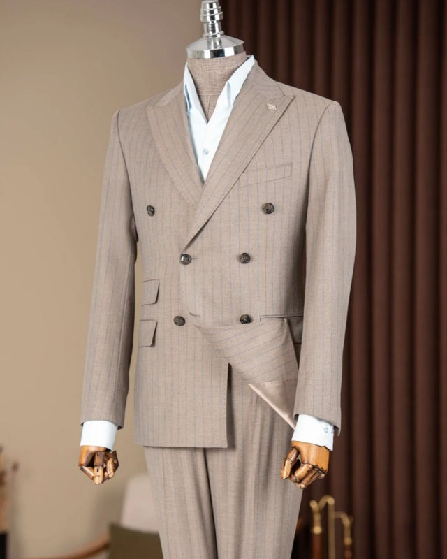 Chic Coffee Pinstripe Double Breasted Business Men Suit