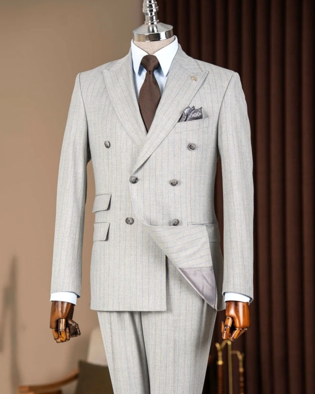 Fashion Gray Pinstripe Double Breasted Business Men Suit