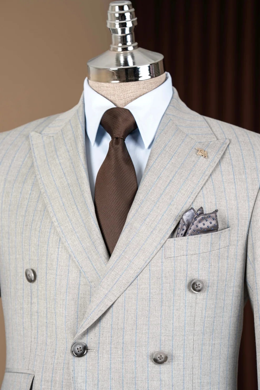 Fashion Gray Pinstripe Double Breasted Business Men Suit