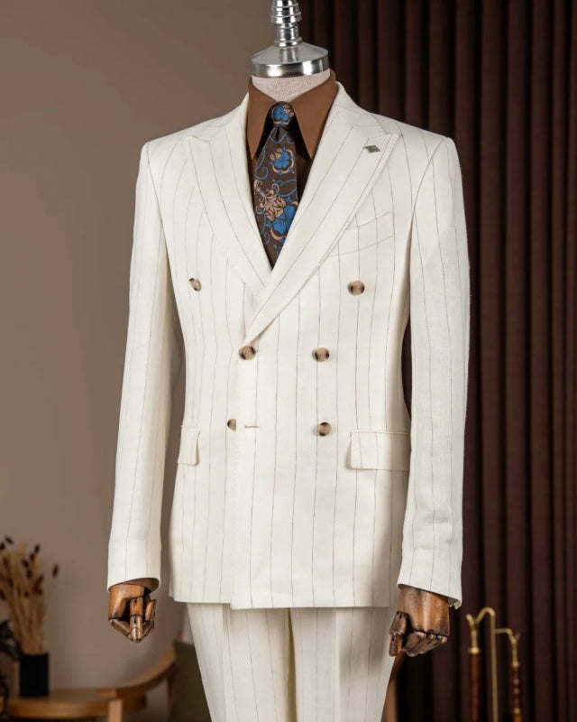 Trendy White Striped Double Breasted 2 Flap Pockets Business Men Suits