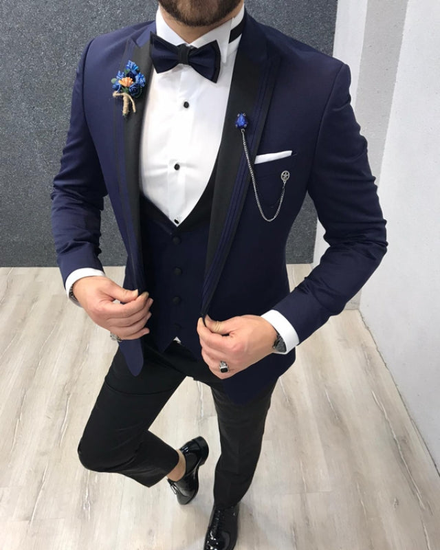 Handsome Dark Blue Best Fitting Three Pieces Peaked Lapel Business Men Suits
