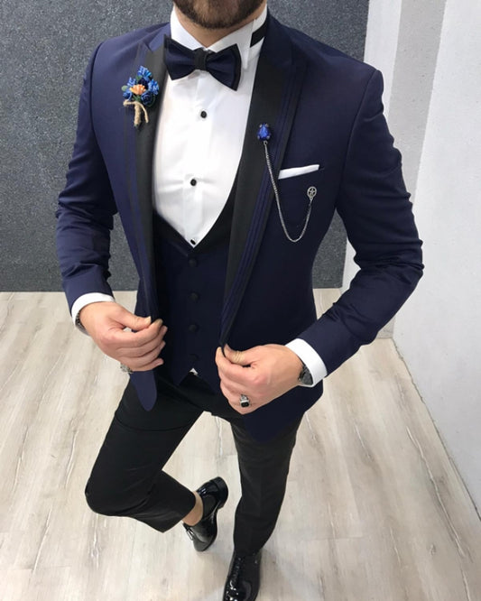 Handsome Dark Blue Best Fitting Three Pieces Peaked Lapel Business Men Suits