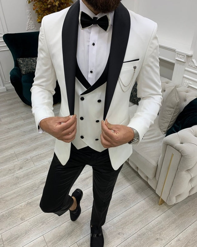 Fashion White Slim Fit Three Pieces Shawl Lapel Wedding Men Suits