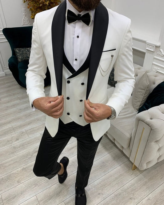 Fashion White Slim Fit Three Pieces Shawl Lapel Wedding Men Suits