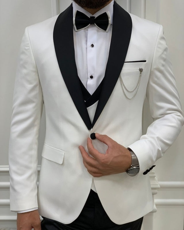 Fashion White Slim Fit Three Pieces Shawl Lapel Wedding Men Suits